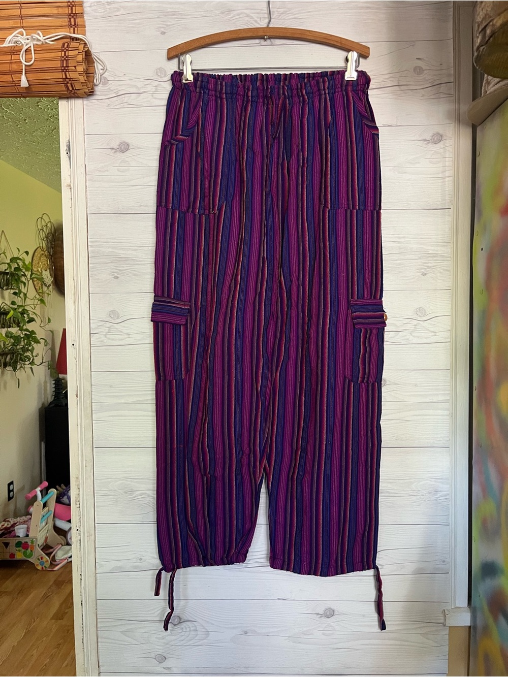 Unbranded Striped Cargo Pants Elastic Waist Pockets Hippie Medium